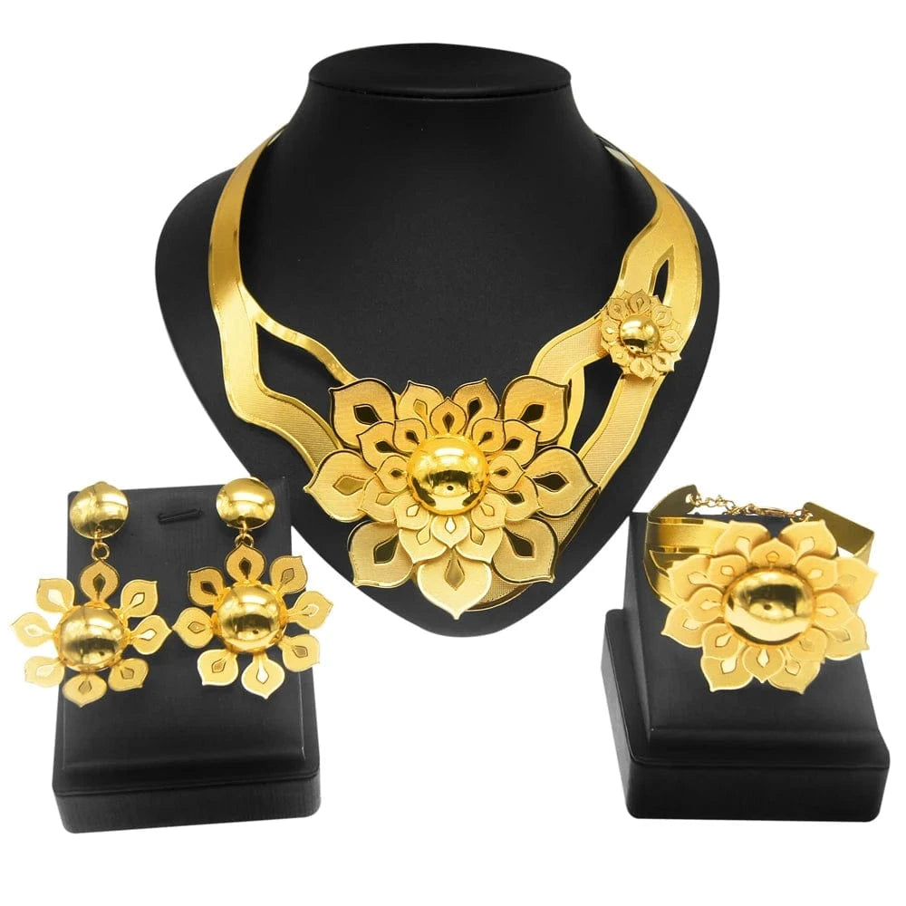 Flower Brazil Gold Jewelry Set / Adjustable / Gold Zhuerrui Flower Brazil Gold Jewelry Set Big Necklace Earring Bracelet Jewellery Set Nigerian Woman Wedding Gifts Jewelry NH00060