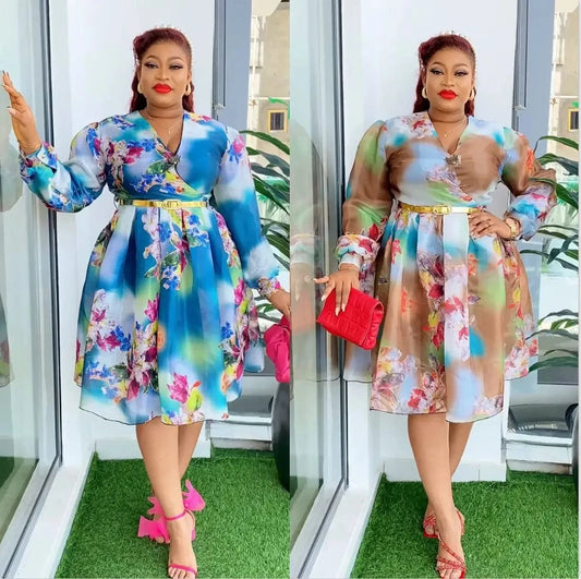Flower dresses women floral printed women's clothing dress party with long sleeves