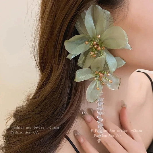 Flower Mesh Crystal Tassel Earrings for Women Elegant Style Exaggerated Long Earings Wholesale