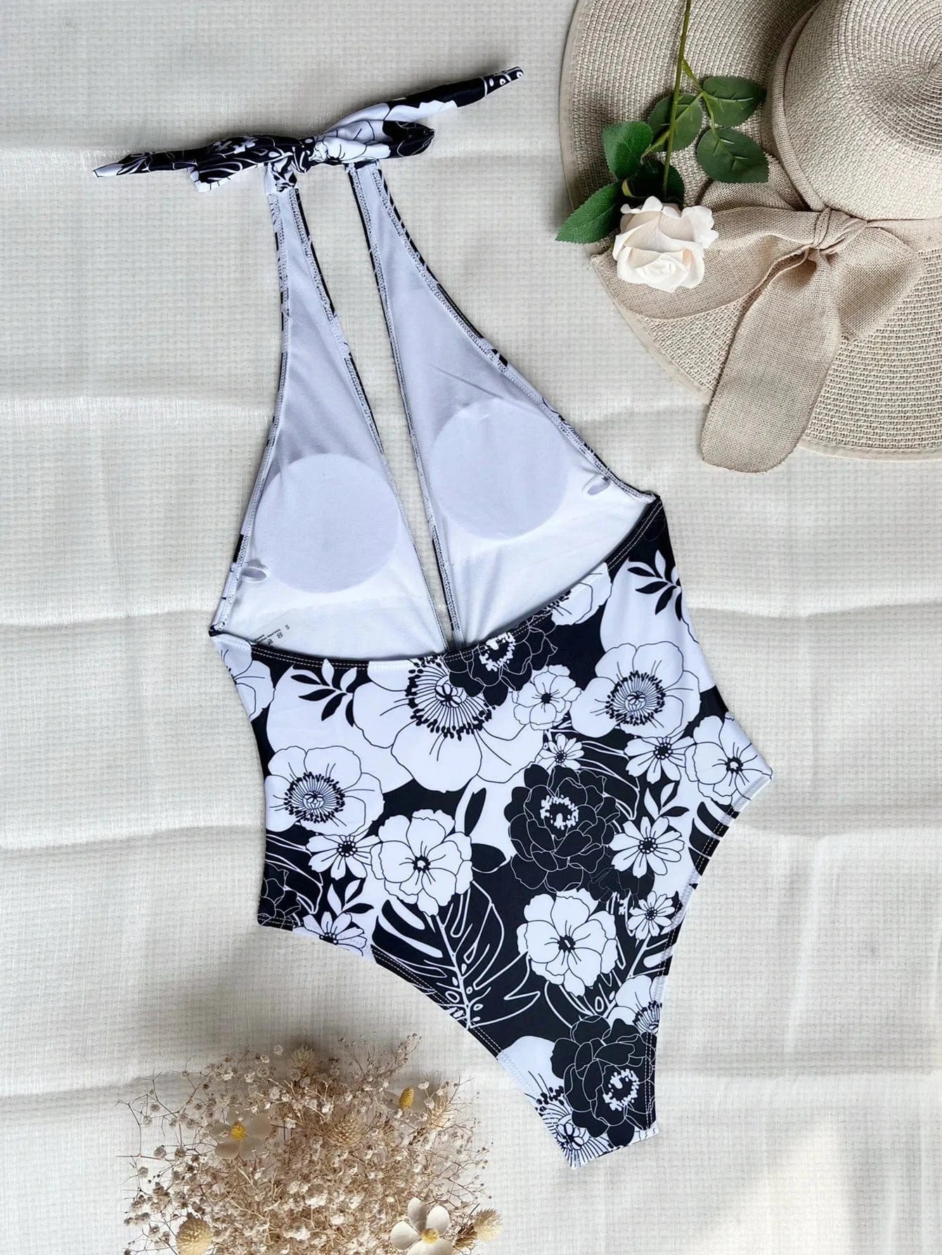 Flower Printed Deep V Neck Halter Swimwear One Piece Swimsuit 2024 Female Monokini Backless Bathing Suit Swim Lady Bather