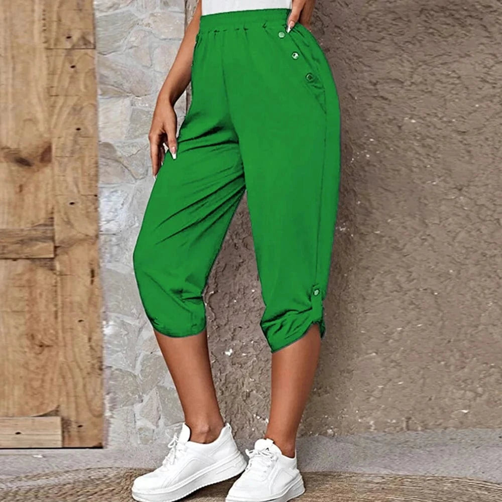 Fluorescent Green / M Women Elastic Waist Pants Summer Solid Color Casual Trousers Bottom Elegant Fashion Office Lady Loose Cropped Pants S-3XL
