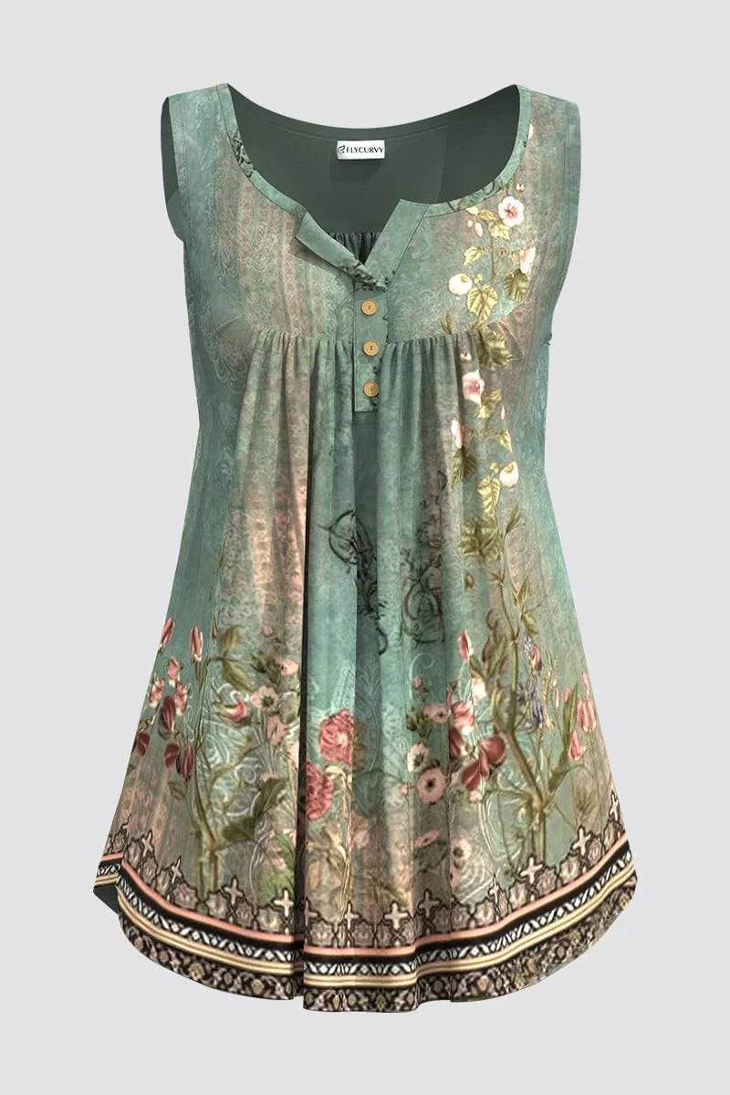 Flycurvy Plus Size Casual Green Retro Boho Floral Print pleated Tunic Tank Top
