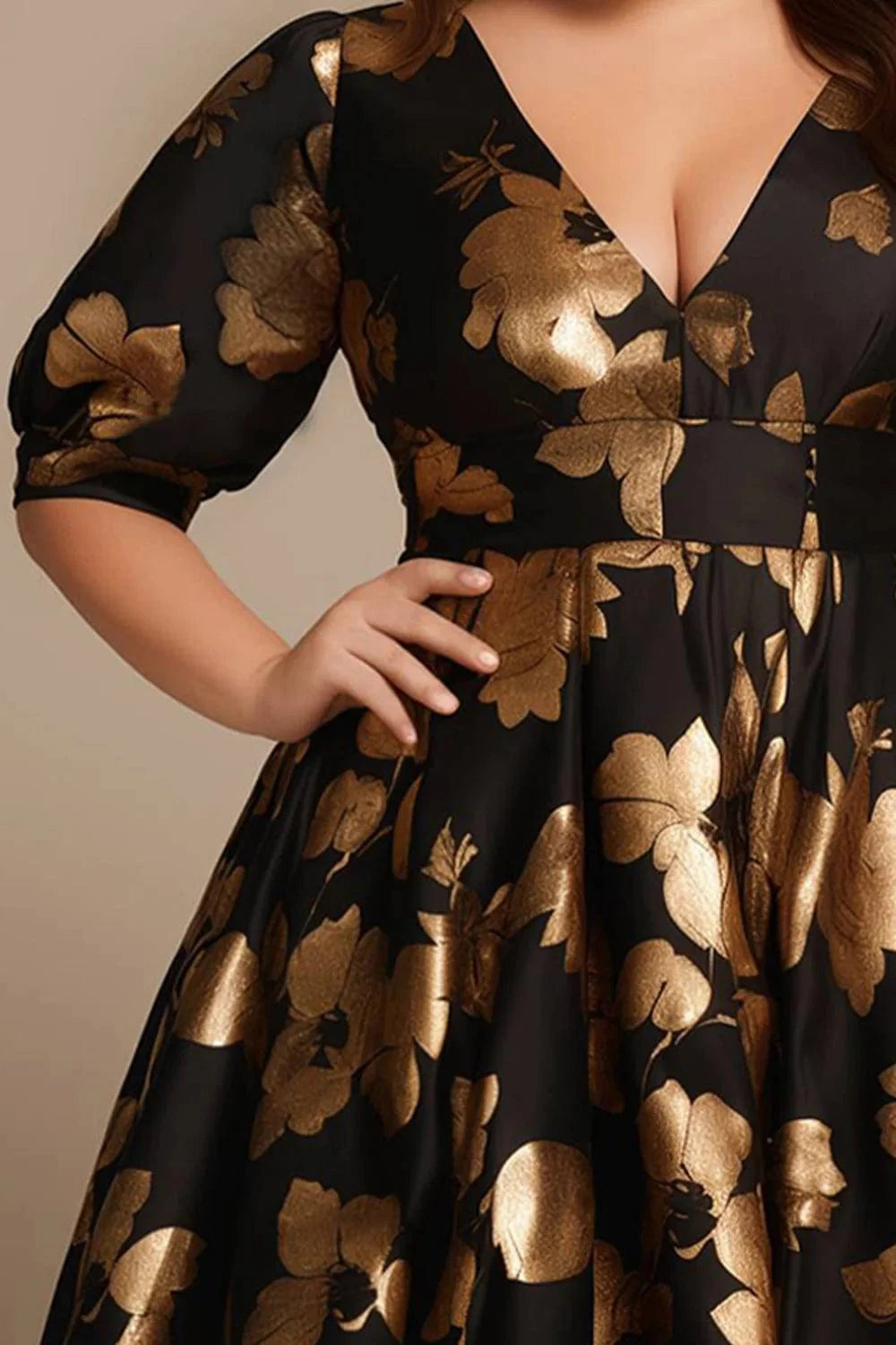 Flycurvy Plus Size Cocktail Gold Floral Print Puff Sleeve Empire Waist Tea-Length Dress
