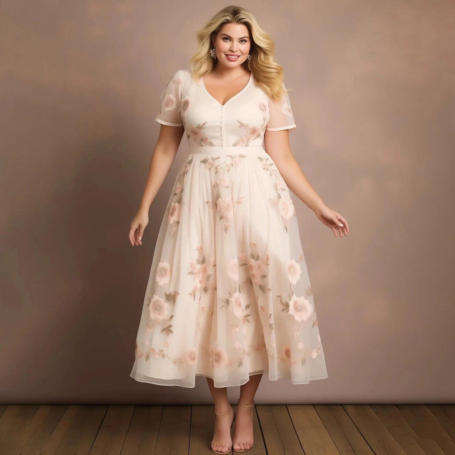 Flycurvy Plus Size Wedding Guest Beige Mesh Button Floral Print Midi Dress