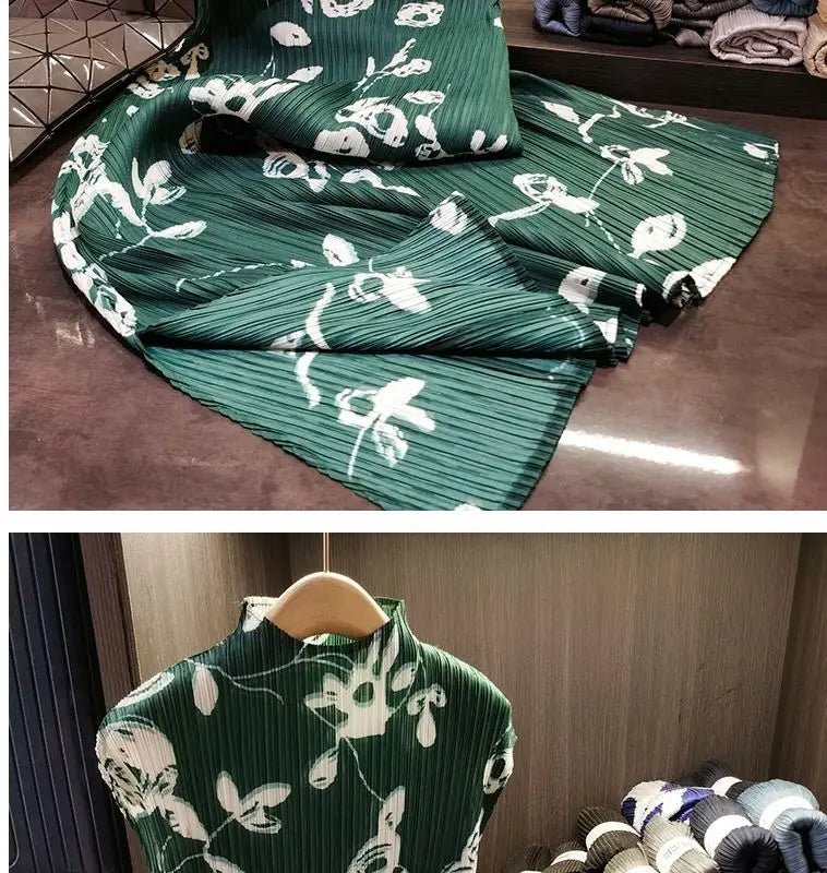 Folding dress women's summer new temperament fashion stand collar short sleeve printing dress hem split loose long skirt. - SN Wigs & More