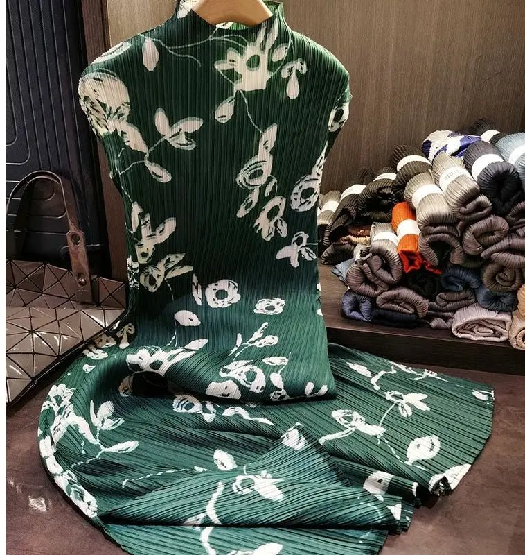 Folding dress women's summer new temperament fashion stand collar short sleeve printing dress hem split loose long skirt. - SN Wigs & More
