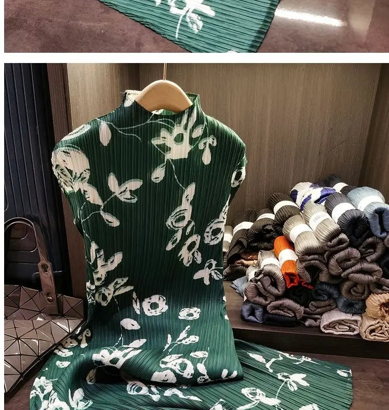 Folding dress women's summer new temperament fashion stand collar short sleeve printing dress hem split loose long skirt. - SN Wigs & More