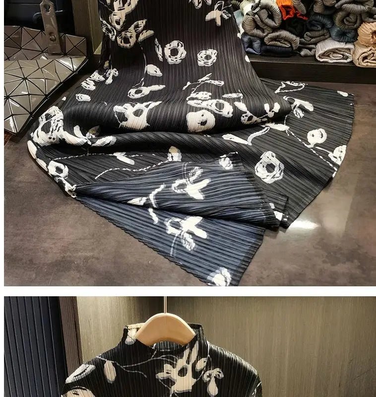 Folding dress women's summer new temperament fashion stand collar short sleeve printing dress hem split loose long skirt. - SN Wigs & More