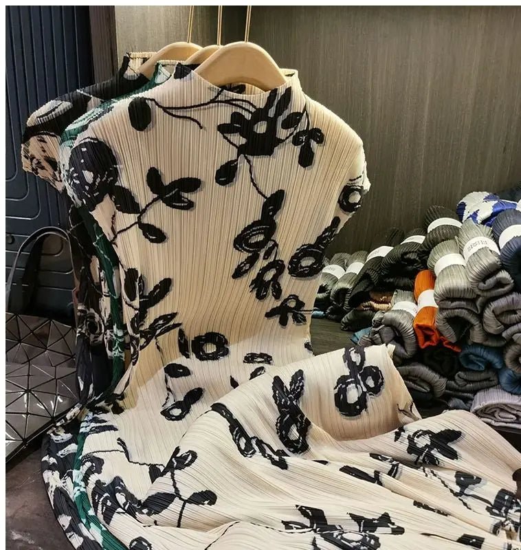 Folding dress women's summer new temperament fashion stand collar short sleeve printing dress hem split loose long skirt. - SN Wigs & More