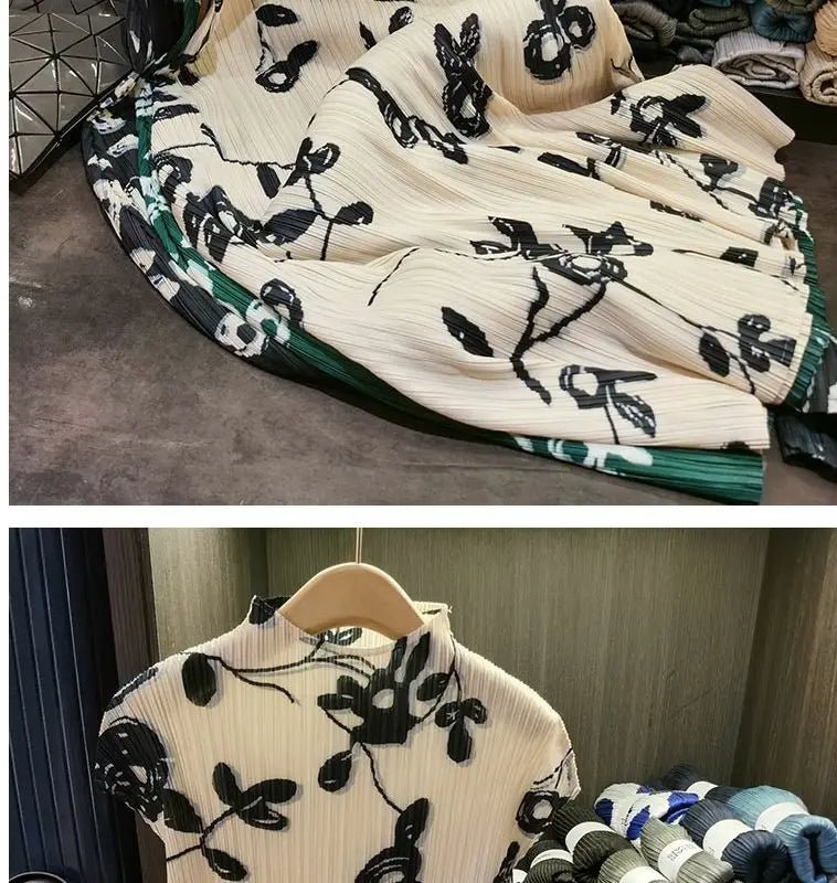 Folding dress women's summer new temperament fashion stand collar short sleeve printing dress hem split loose long skirt. - SN Wigs & More