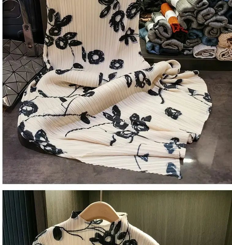 Folding dress women's summer new temperament fashion stand collar short sleeve printing dress hem split loose long skirt. - SN Wigs & More