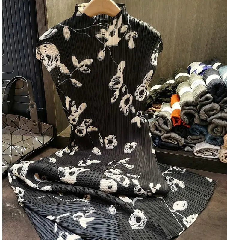 Folding dress women's summer new temperament fashion stand collar short sleeve printing dress hem split loose long skirt. - SN Wigs & More