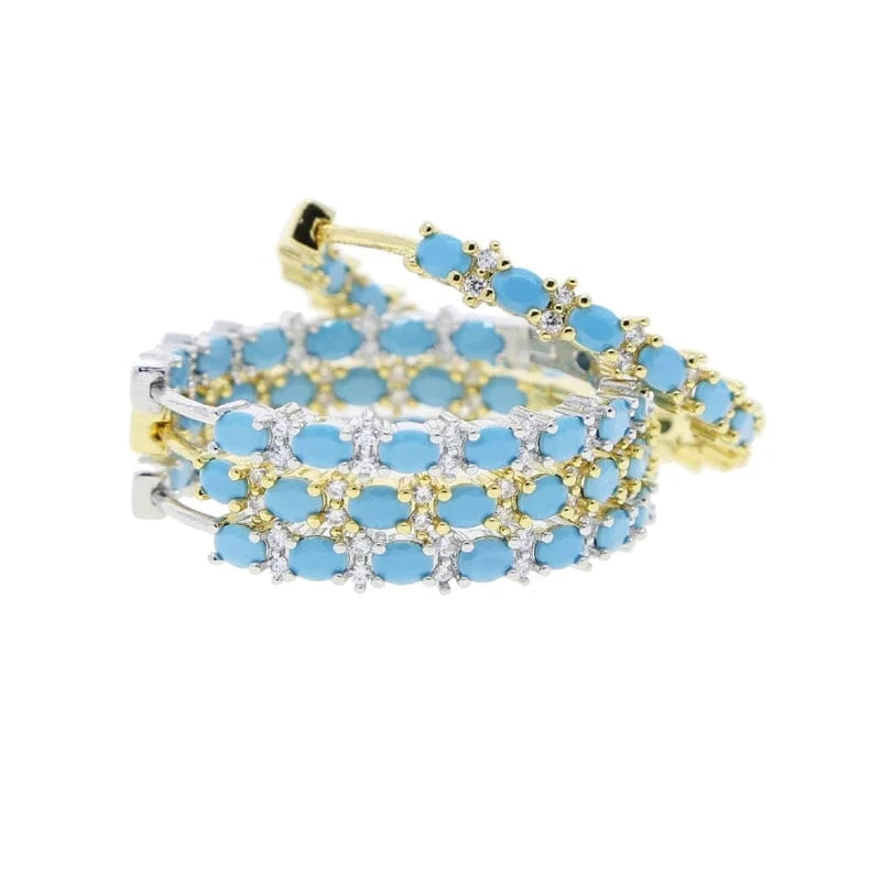 Four Prong Setting Turquoise Oval Huggie Hoop Earring Micro Pave CZ Bling Gold Plated Trendy Fine Women Jewelry