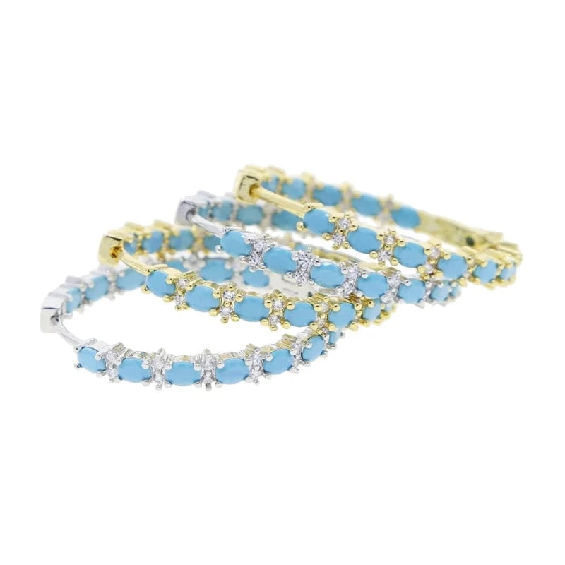 Four Prong Setting Turquoise Oval Huggie Hoop Earring Micro Pave CZ Bling Gold Plated Trendy Fine Women Jewelry