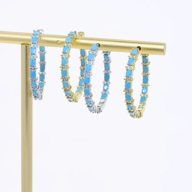 Four Prong Setting Turquoise Oval Huggie Hoop Earring Micro Pave CZ Bling Gold Plated Trendy Fine Women Jewelry