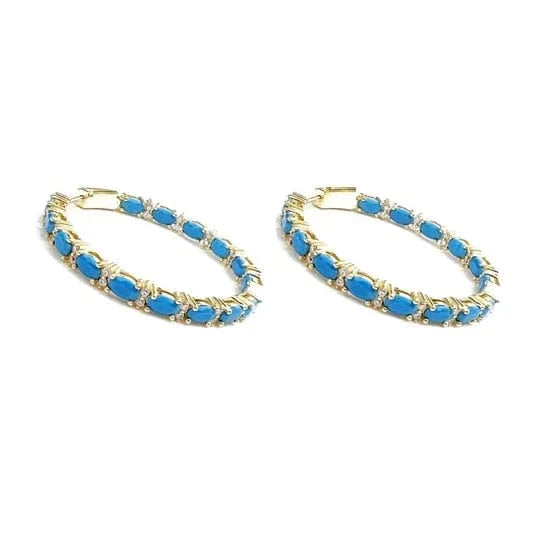 Four Prong Setting Turquoise Oval Huggie Hoop Earring Micro Pave CZ Bling Gold Plated Trendy Fine Women Jewelry