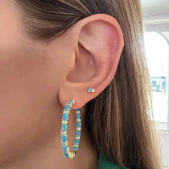 Four Prong Setting Turquoise Oval Huggie Hoop Earring Micro Pave CZ Bling Gold Plated Trendy Fine Women Jewelry