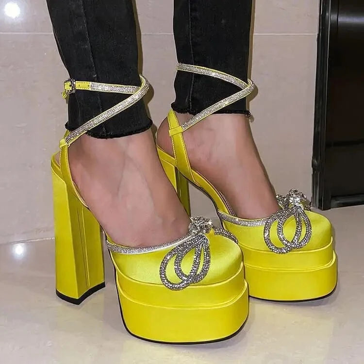 Four Seasons Bright Diamond High Heel Single Shoes 14CM Bow 35-43 Water Diamond Bow Thick Heel Sandals