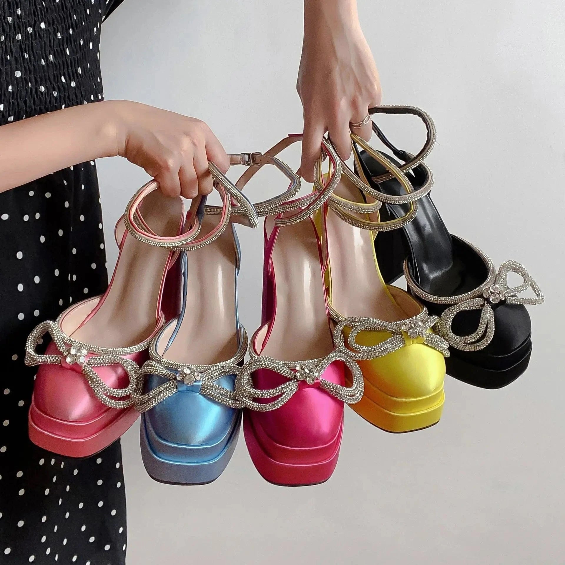 Four Seasons Bright Diamond High Heel Single Shoes 14CM Bow 35-43 Water Diamond Bow Thick Heel Sandals