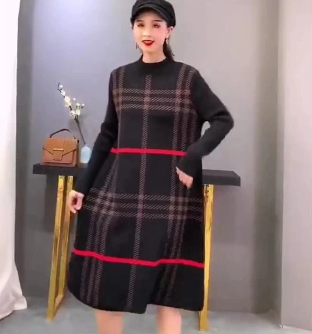 Free / 002 2024 autumn/Winter new arrivals best-selling women's crew-neck long-sleeved plaid printed high-quality sweater dress