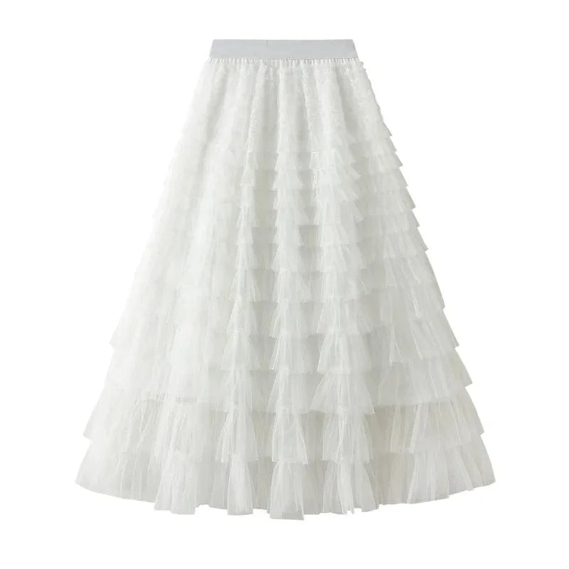 Free / 01 Mesh Ruffled Temperament  Women Skirt  Spring Summer Autumn New Fashion  Long  Thin Casual Daily Cake Skirt