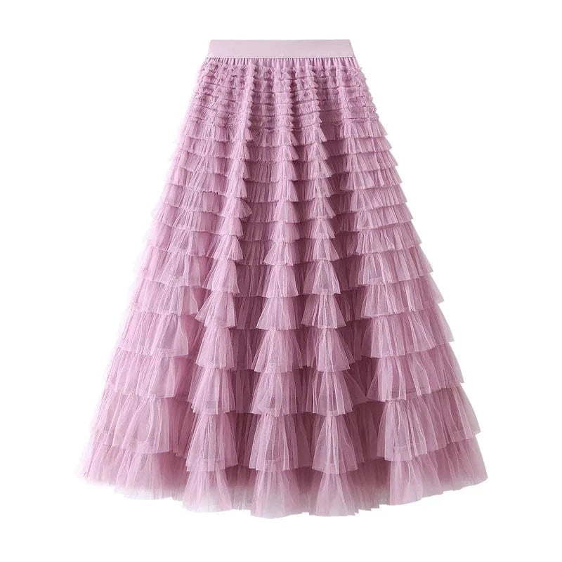 Free / 04 Mesh Ruffled Temperament  Women Skirt  Spring Summer Autumn New Fashion  Long  Thin Casual Daily Cake Skirt
