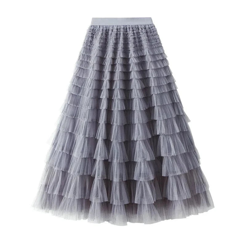 Free / 06 Mesh Ruffled Temperament  Women Skirt  Spring Summer Autumn New Fashion  Long  Thin Casual Daily Cake Skirt