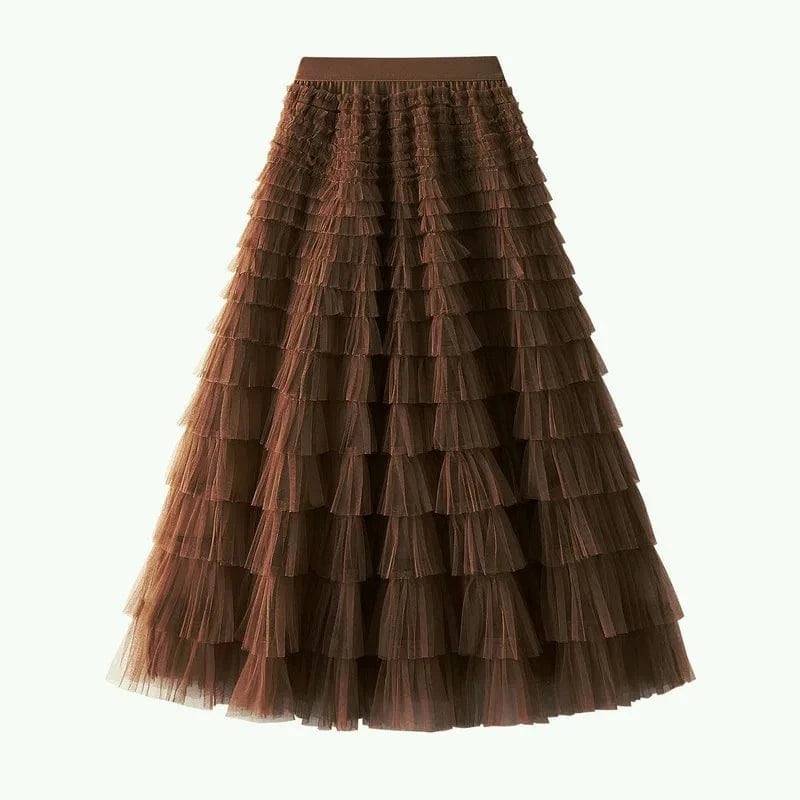 Free / 08 Mesh Ruffled Temperament  Women Skirt  Spring Summer Autumn New Fashion  Long  Thin Casual Daily Cake Skirt