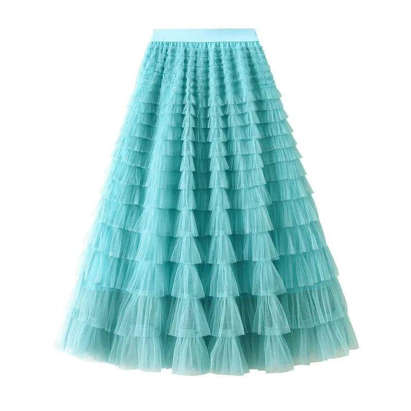 Free / 09 Mesh Ruffled Temperament  Women Skirt  Spring Summer Autumn New Fashion  Long  Thin Casual Daily Cake Skirt