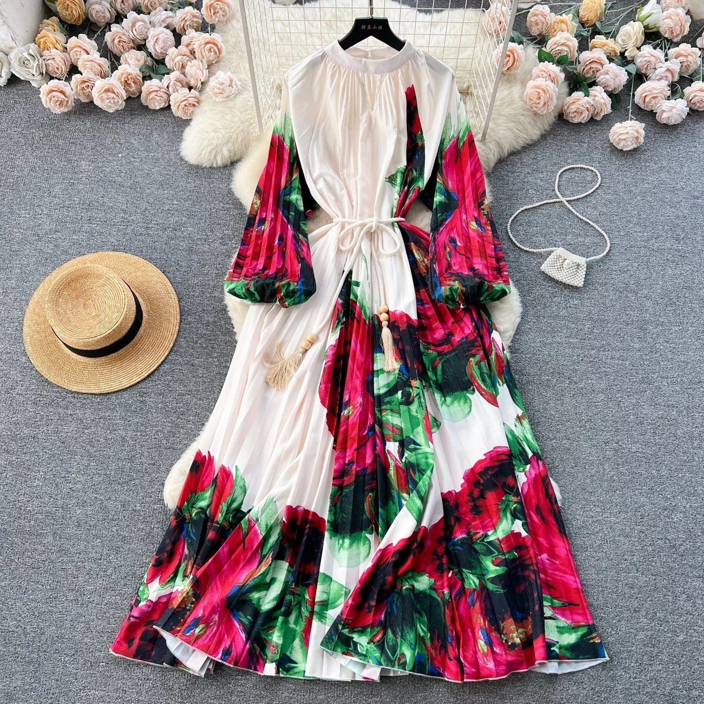 Free / 1 2024 Autumn Vintage Tunic Slim Pleated Dress For Women O-neck Long Sleeve Printed Lace Dresses Ladies Retro Dresses Clothes Wome