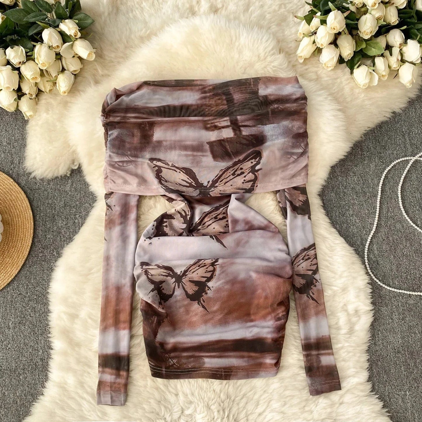 Free / 1 2024 Fashion Retro Mixed-color Tie-dyed Sexy Hot Girl Off-shoulder Versatile T-shirt Women