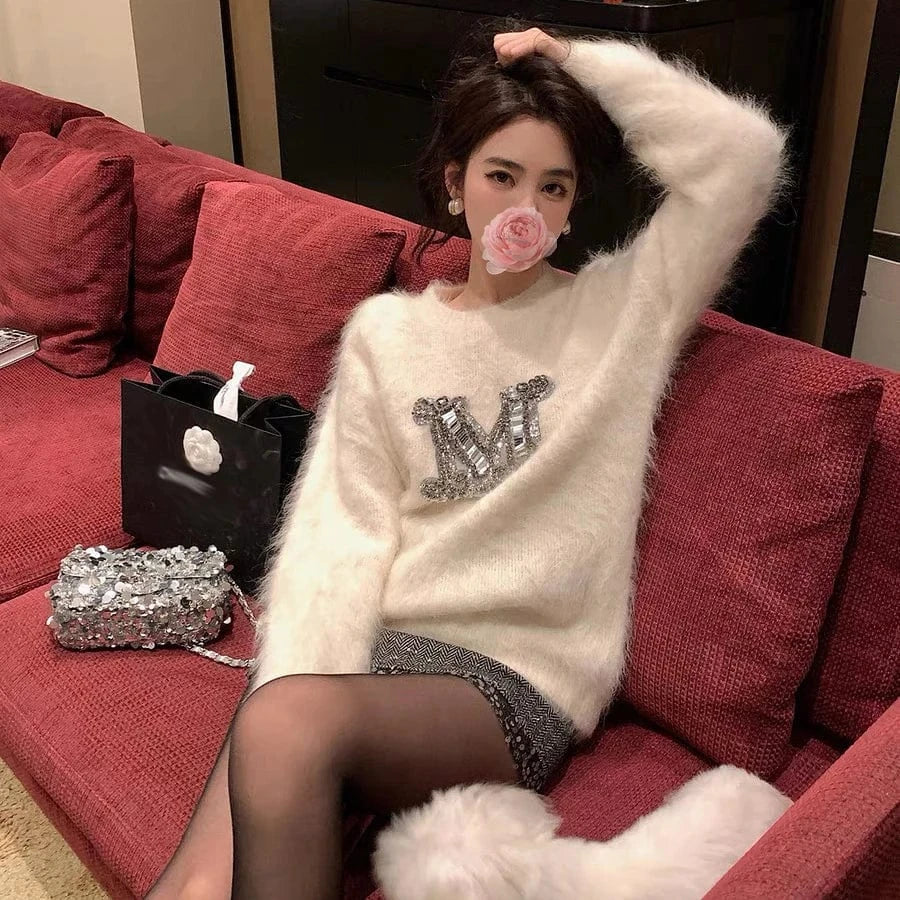 Free / 1 2024 New arrival long sleeves loose fitting sequin letter sweater jumper