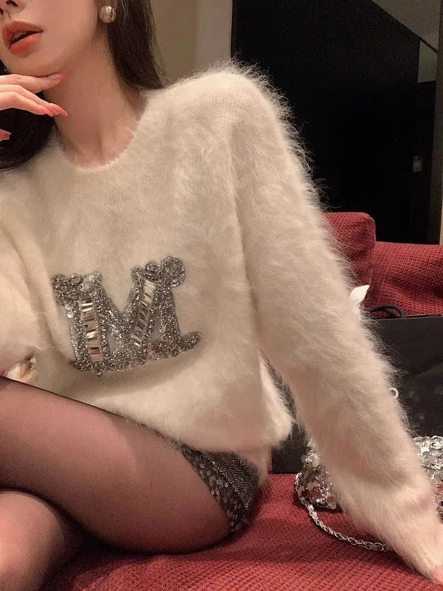 Free / 1 2024 New arrival long sleeves loose fitting sequin letter sweater jumper