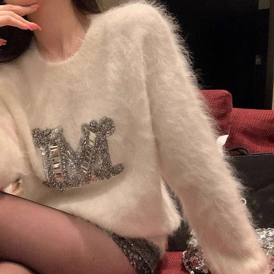 Free / 1 2024 New arrival long sleeves loose fitting sequin letter sweater jumper