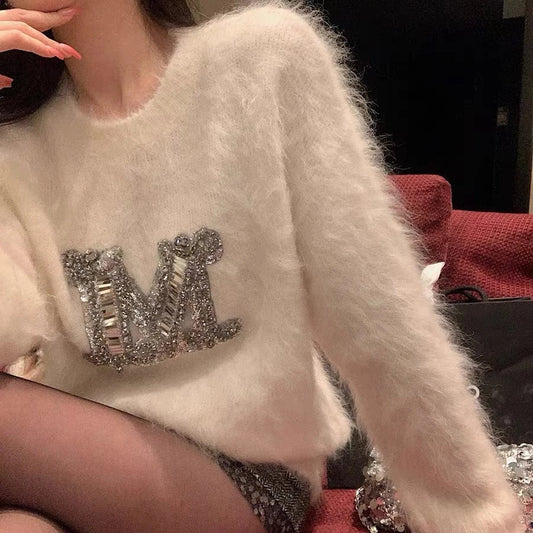 Free / 1 2024 New arrival long sleeves loose fitting sequin letter sweater jumper
