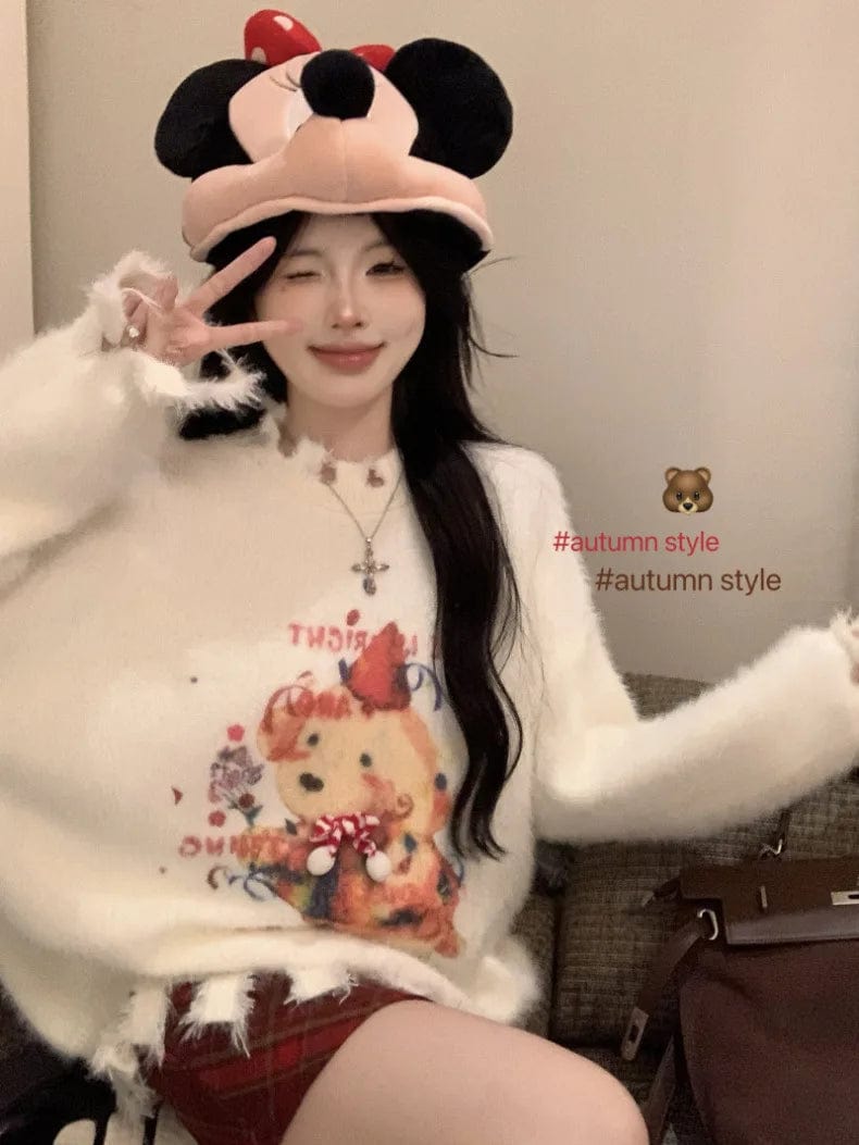 Free / 1 2024 Spring new arrival Ladies crew neck long sleeve sweater oversize girls mohair cute cartoon animal sweater jumper