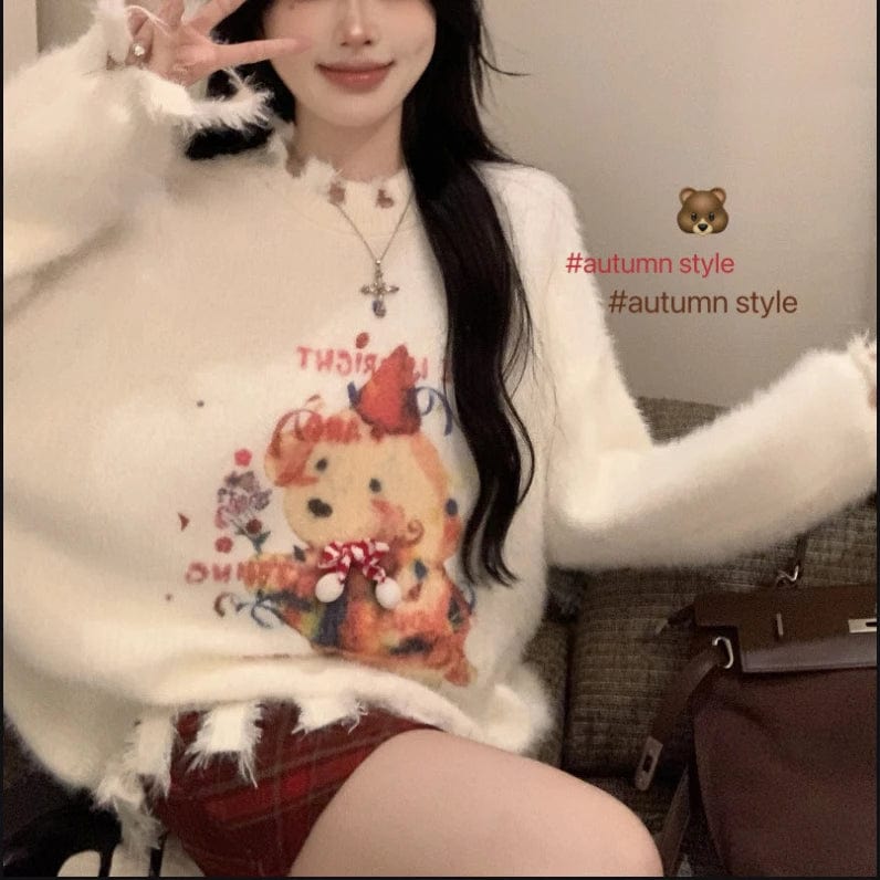 Free / 1 2024 Spring new arrival Ladies crew neck long sleeve sweater oversize girls mohair cute cartoon animal sweater jumper