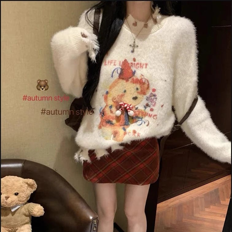 Free / 1 2024 Spring new arrival Ladies crew neck long sleeve sweater oversize girls mohair cute cartoon animal sweater jumper