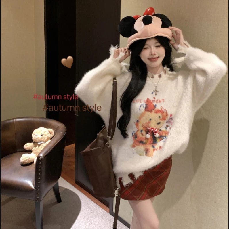 Free / 1 2024 Spring new arrival Ladies crew neck long sleeve sweater oversize girls mohair cute cartoon animal sweater jumper