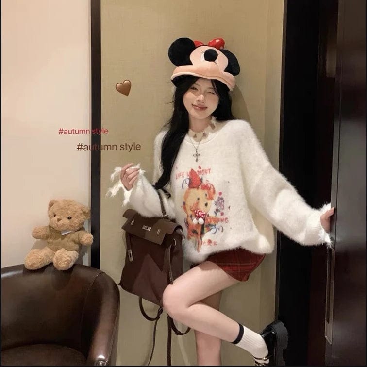 Free / 1 2024 Spring new arrival Ladies crew neck long sleeve sweater oversize girls mohair cute cartoon animal sweater jumper