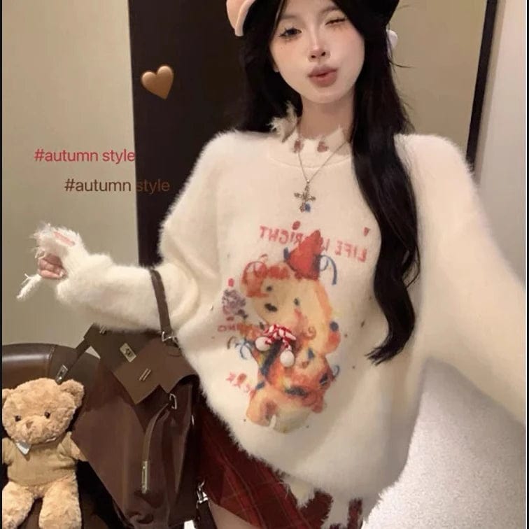 Free / 1 2024 Spring new arrival Ladies crew neck long sleeve sweater oversize girls mohair cute cartoon animal sweater jumper