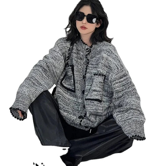 Free / 1 2024 Spring new arrival long sleeve cardigan single breast fashionable women striped casual sweater coat