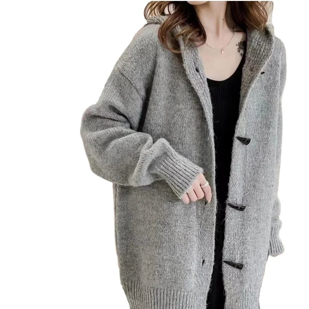 Free / 1 2024 Spring new arrival long sleeve hooded cardigan horn button women casual sweater coat