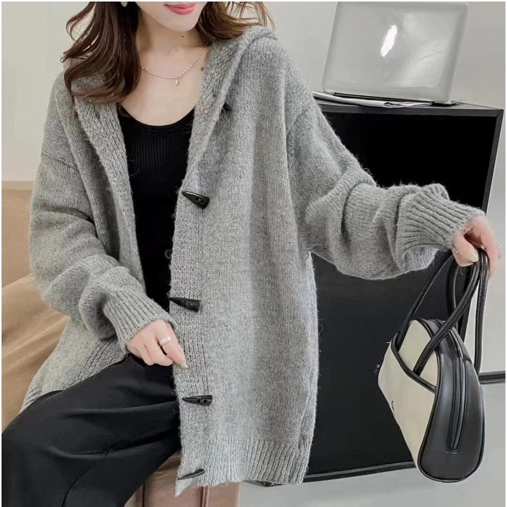 Free / 1 2024 Spring new arrival long sleeve hooded cardigan horn button women casual sweater coat