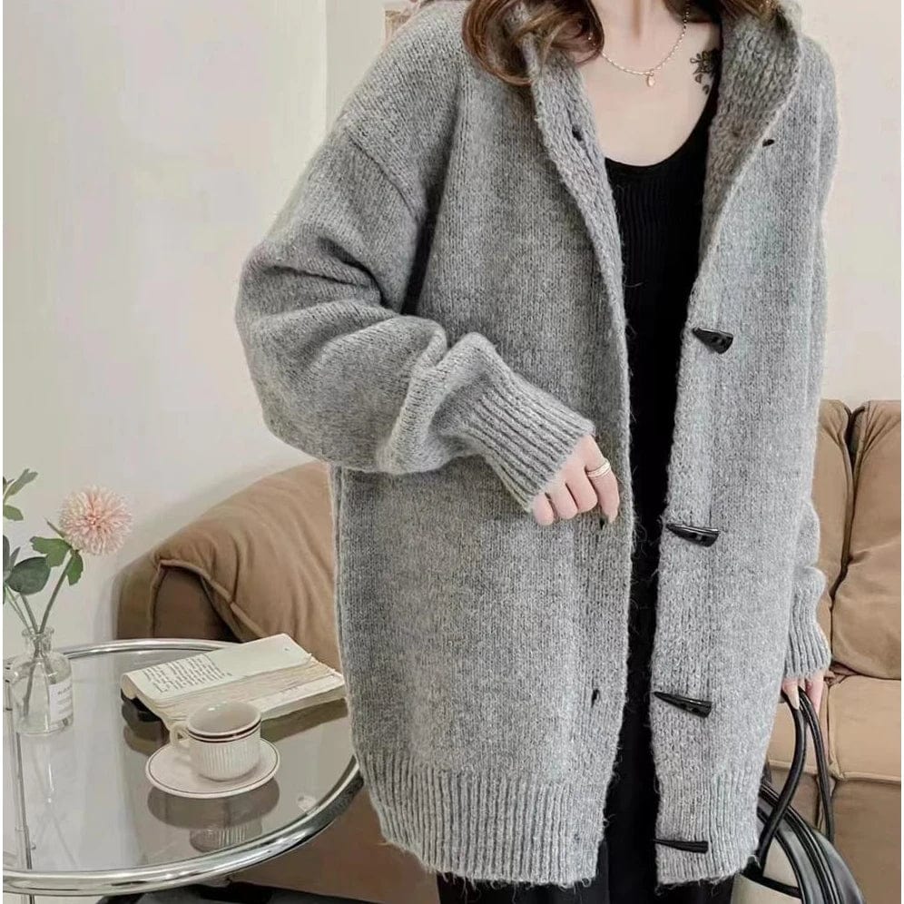 Free / 1 2024 Spring new arrival long sleeve hooded cardigan horn button women casual sweater coat