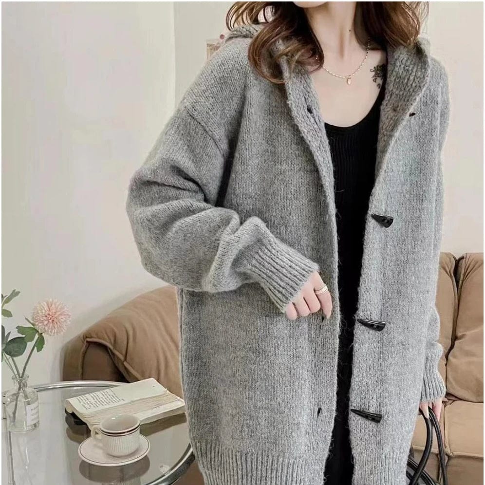 Free / 1 2024 Spring new arrival long sleeve hooded cardigan horn button women casual sweater coat
