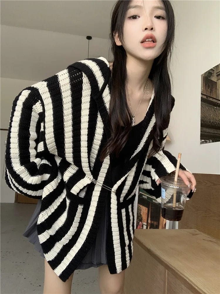 Free / 1 2024 Spring new arrival long sleeve hooded striped cardigan women casual sweater coat