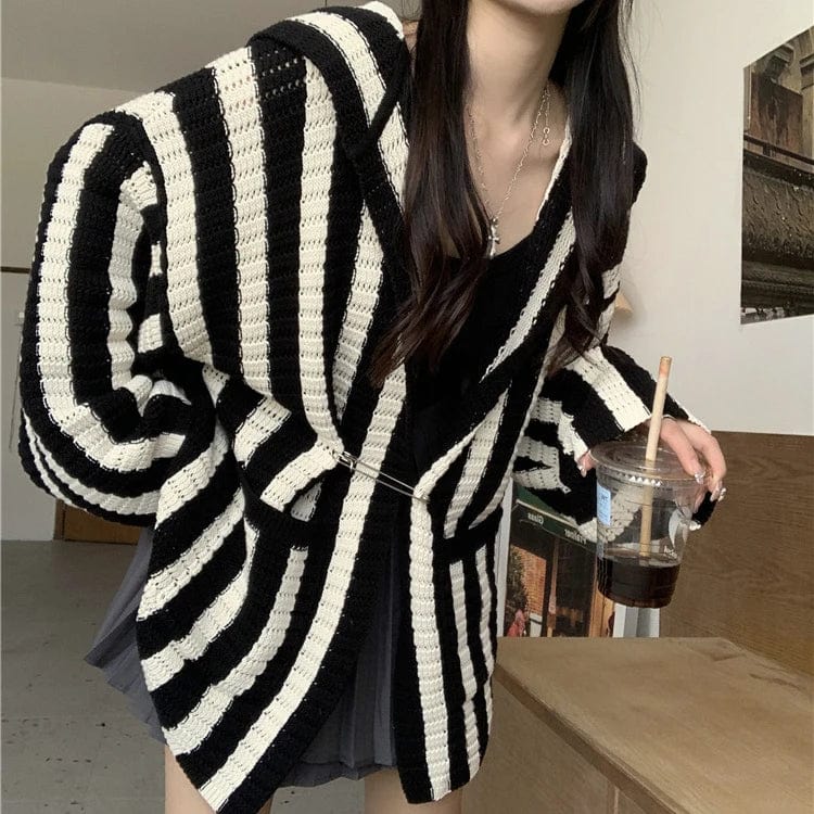 Free / 1 2024 Spring new arrival long sleeve hooded striped cardigan women casual sweater coat