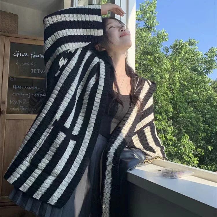 Free / 1 2024 Spring new arrival long sleeve hooded striped cardigan women casual sweater coat