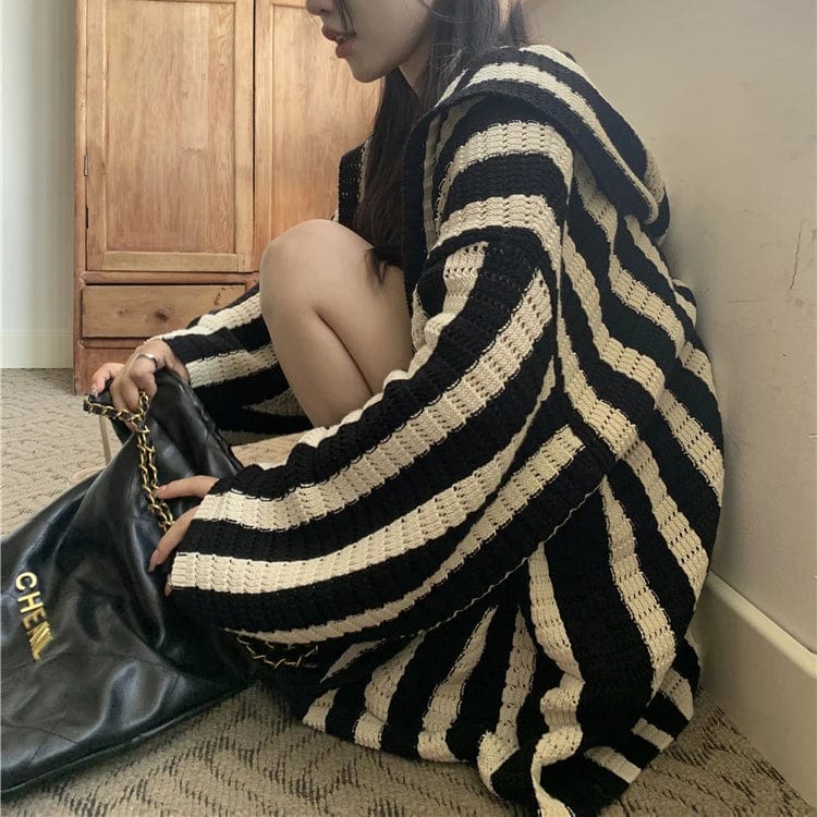 Free / 1 2024 Spring new arrival long sleeve hooded striped cardigan women casual sweater coat